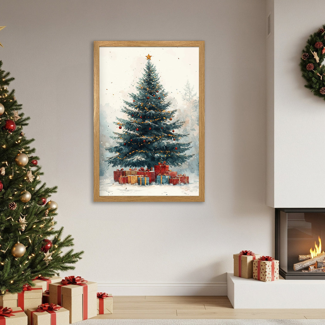 Framed Poster featuring a watercolor Christmas tree art print. Festive holiday wall decor in blue, red, and gold color palette.