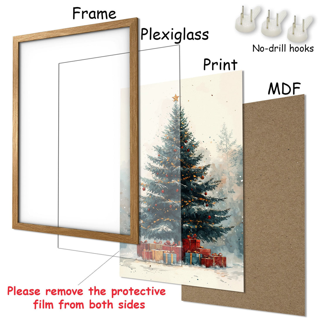 Framed Poster featuring a watercolor Christmas tree in a snowy forest. Soft, wintery palette with red and green accents. Ready to hang!