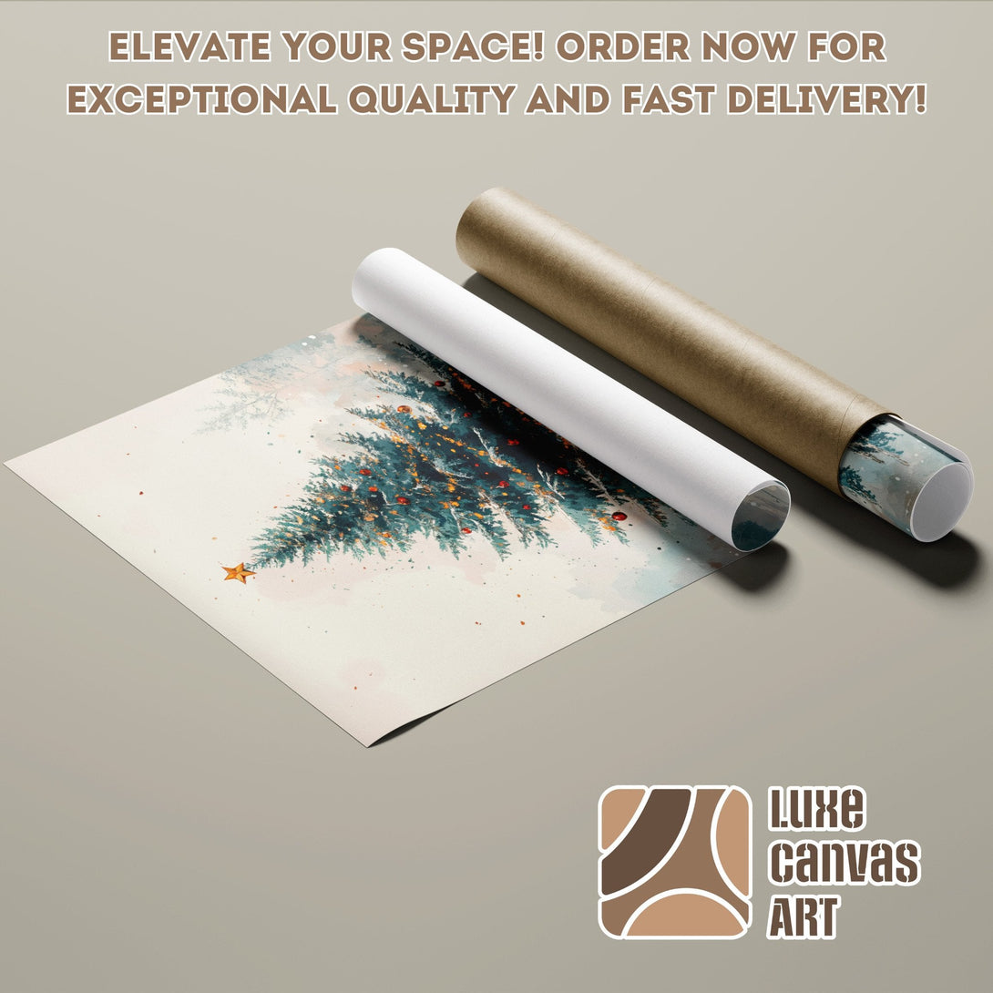 Poster Roll featuring a watercolor Christmas tree, with a cool-toned color palette. Elevate your space!