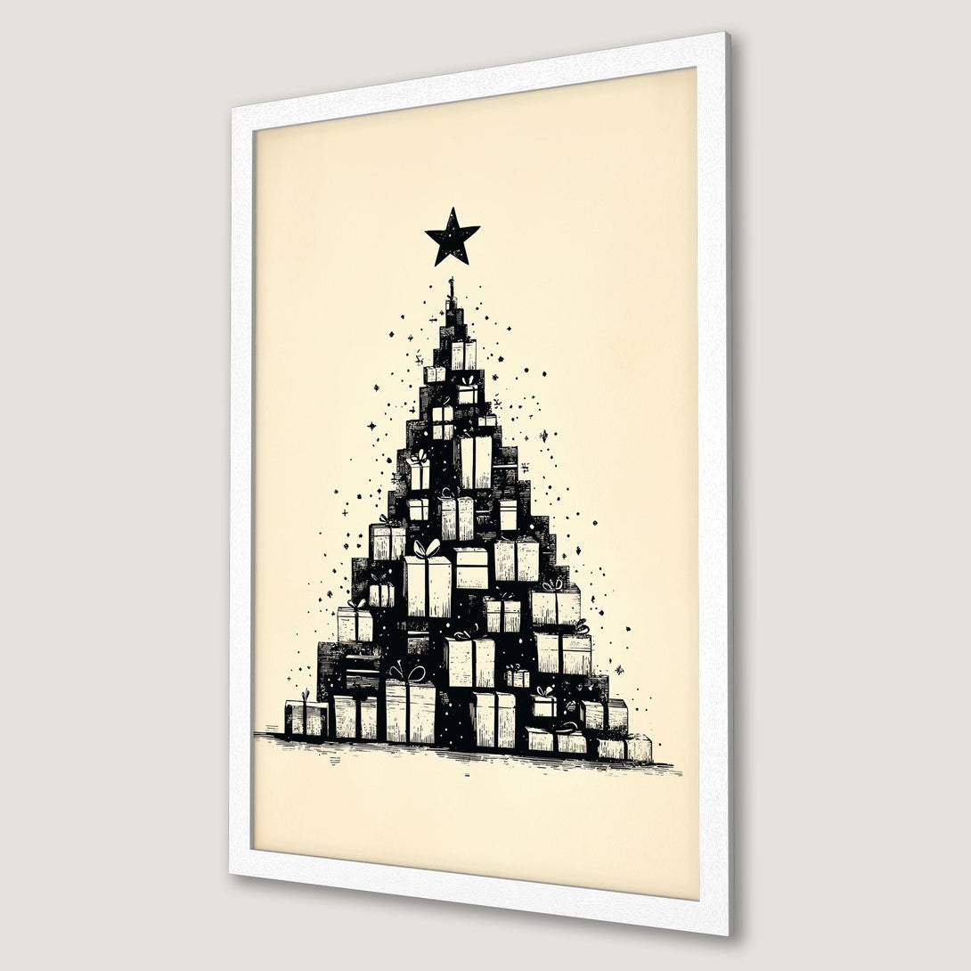 Framed Poster featuring a Christmas tree made of gifts. Black and white illustration on a cream background. Perfect holiday decor!