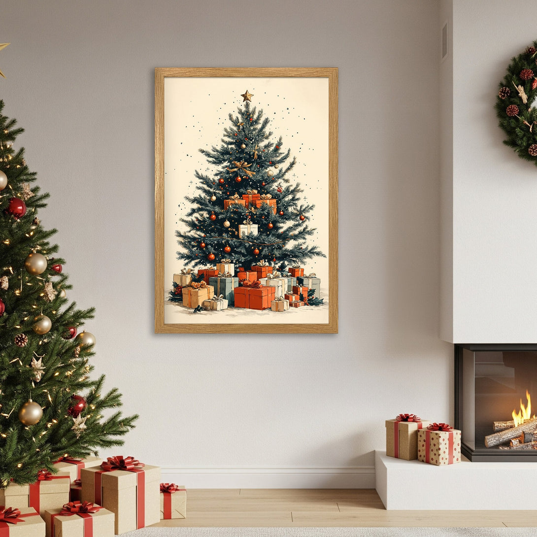 Framed Poster featuring a Christmas tree illustration, warm color palette, perfect for holiday decor.