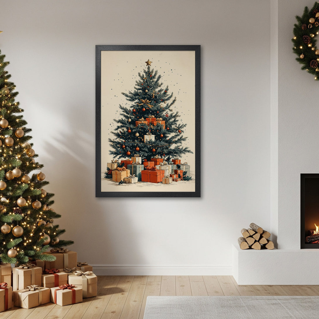 Framed Poster of a Christmas tree with gifts. Vintage style, warm color palette. Perfect holiday decor.