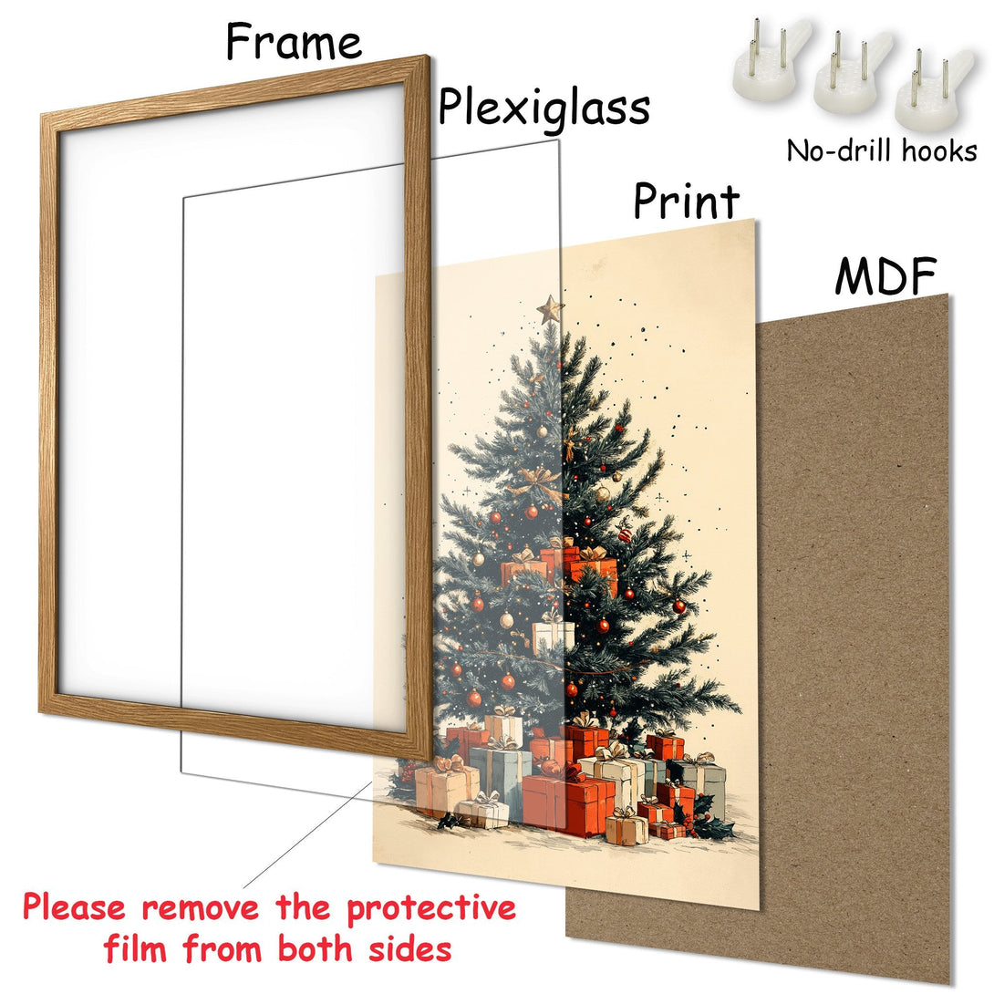 Framed Poster featuring a festive Christmas tree illustration in warm tones. Perfect holiday decor!
