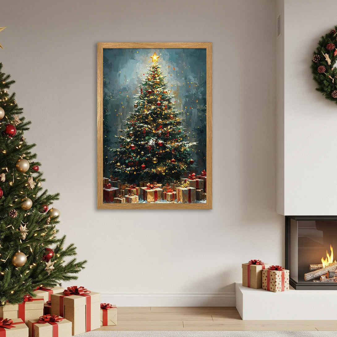 Framed Poster of a Christmas tree painting in a warm, inviting style with a blue and gold color palette. Perfect holiday decor!