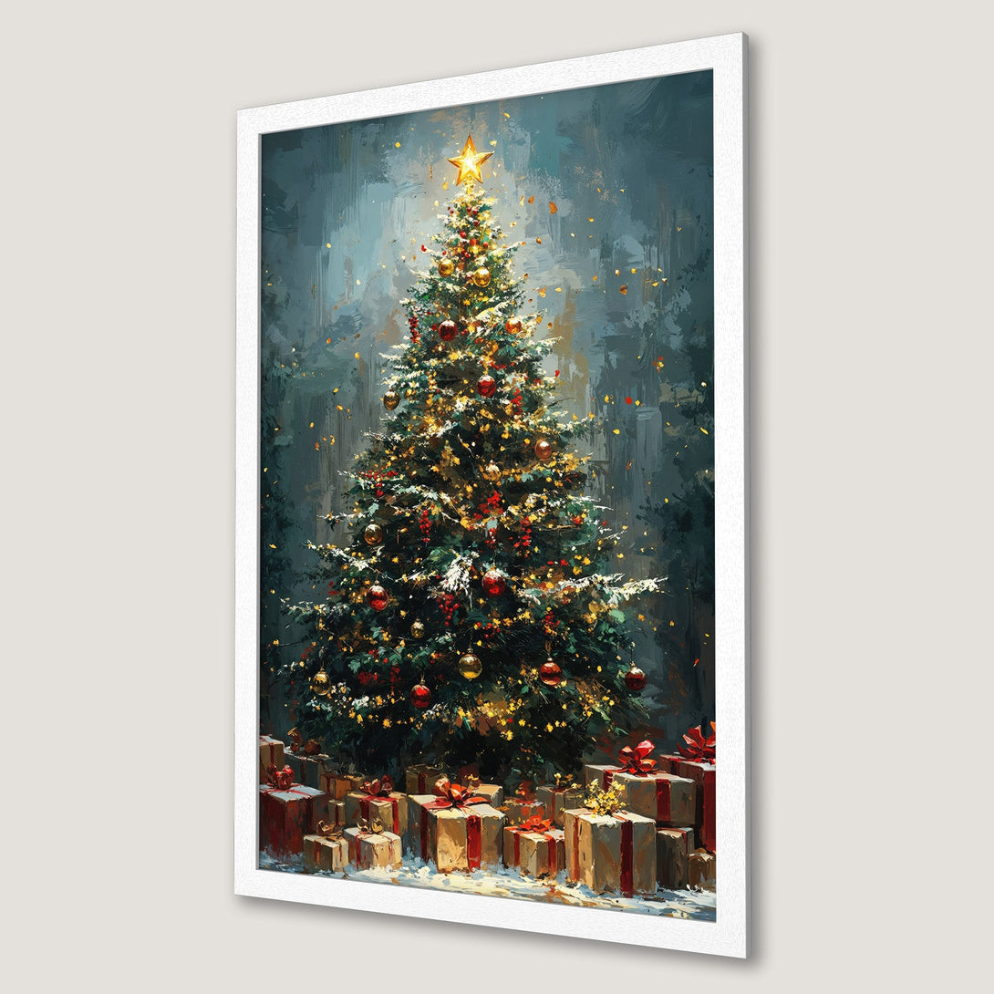 Framed Poster of a festive Christmas tree with gifts. Impressionistic style with a blue, green, red, and gold color palette. Perfect holiday decor.