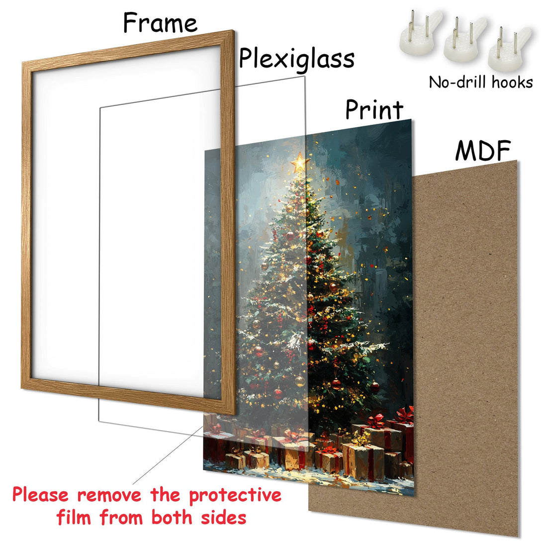 Framed Poster of a Christmas tree in a painterly style with a dark, festive color palette. Perfect holiday decor!