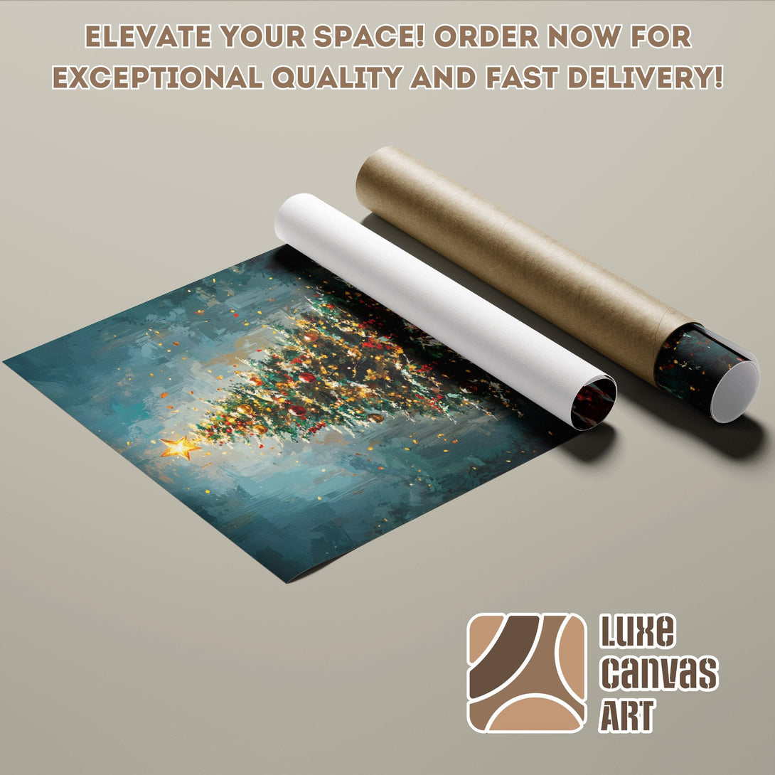 Christmas tree poster roll, art print with teal and gold color palette, perfect for holiday decor.