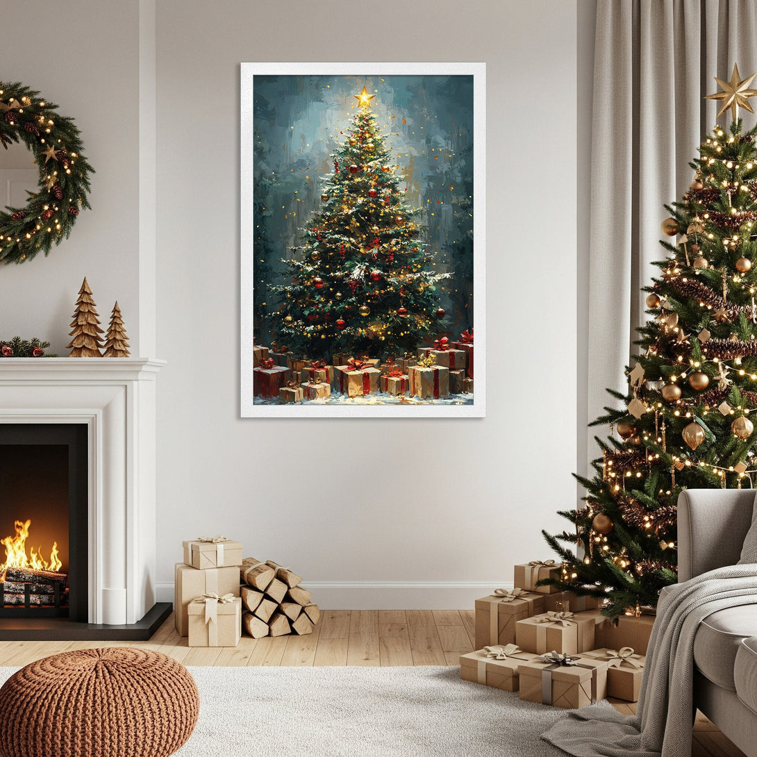 Framed Poster featuring a festive Christmas tree painting in a cozy, warm color palette. Perfect holiday decor!