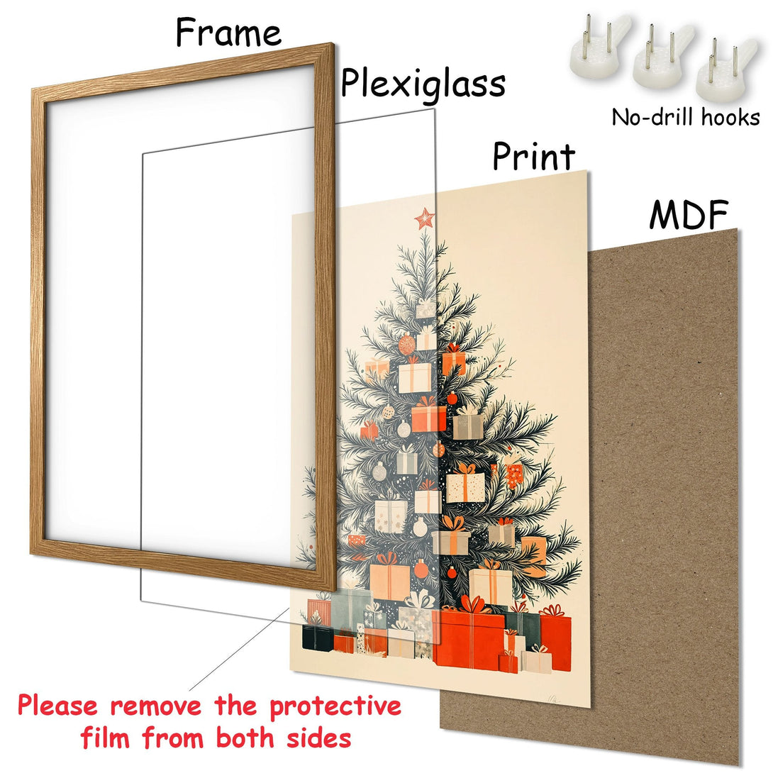 Framed Poster featuring a festive Christmas tree art print in a warm, neutral color palette. Perfect holiday decor!
