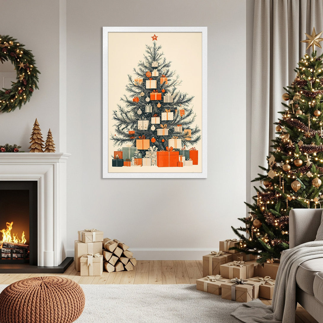 Framed Poster of a Christmas tree with gifts. Vintage style, warm color palette. Perfect holiday decor!