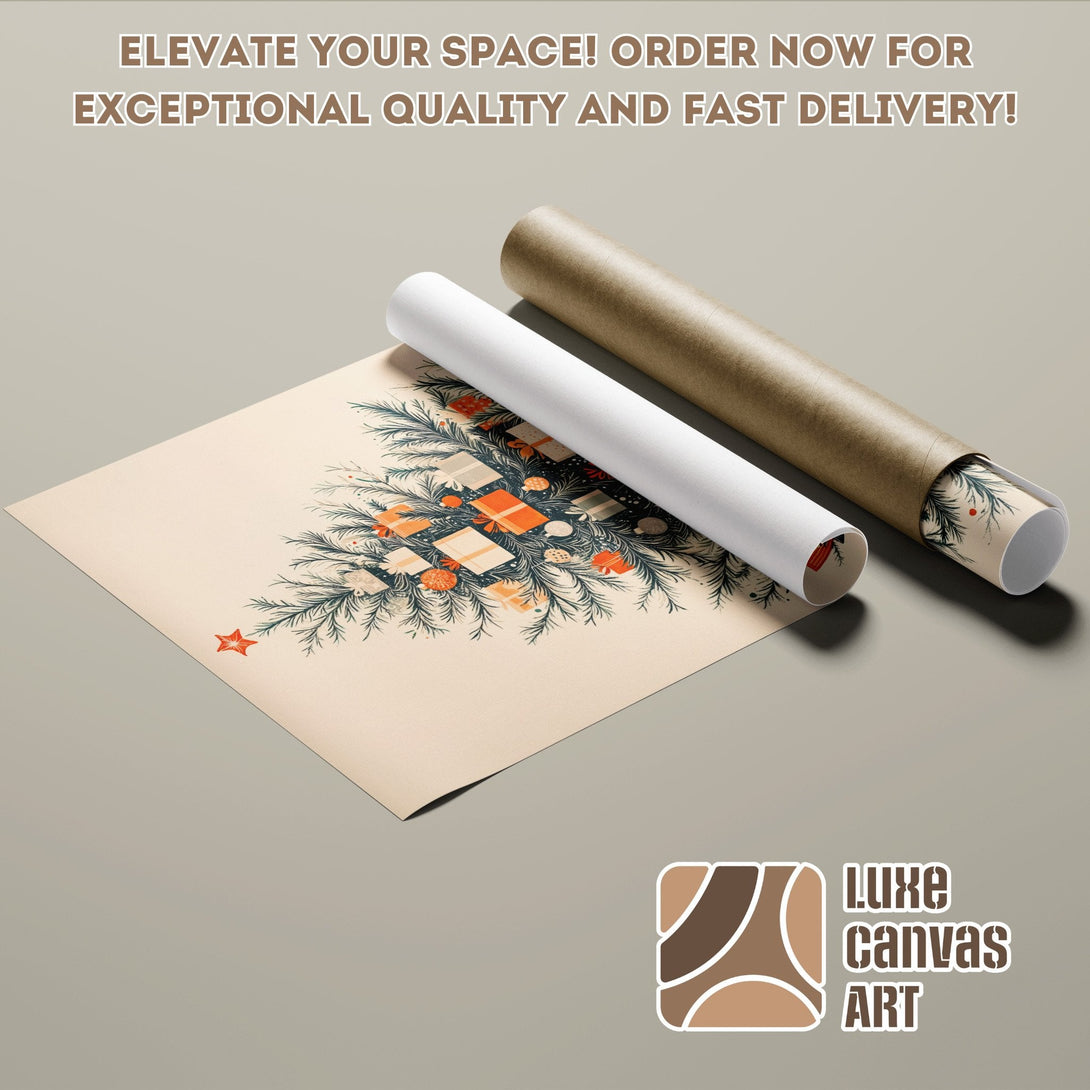 Poster Roll featuring a Christmas tree design in a vintage style and warm color palette. Order now!