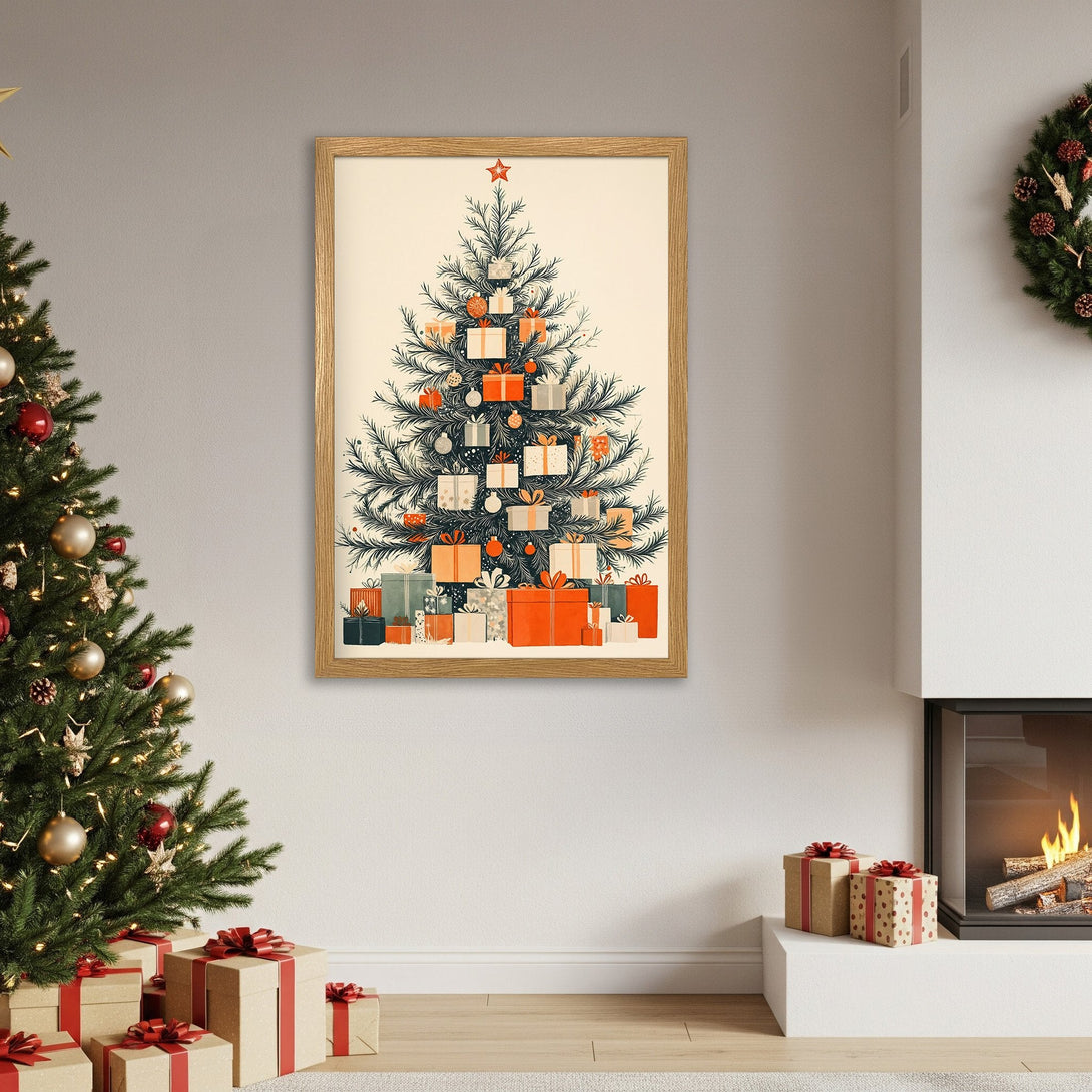 Framed Poster featuring a Christmas tree illustration in a vintage style with a warm, festive color palette. Perfect holiday decor!