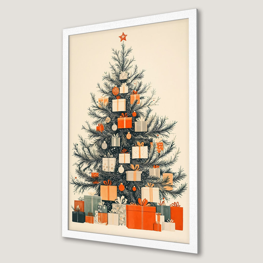 Framed Poster featuring a festive Christmas tree illustration in a vintage style with a warm red and green color palette.