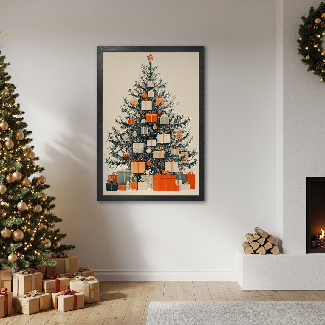 Framed Poster featuring a festive Christmas tree illustration in a vintage style with a warm, neutral color palette. Perfect holiday decor!