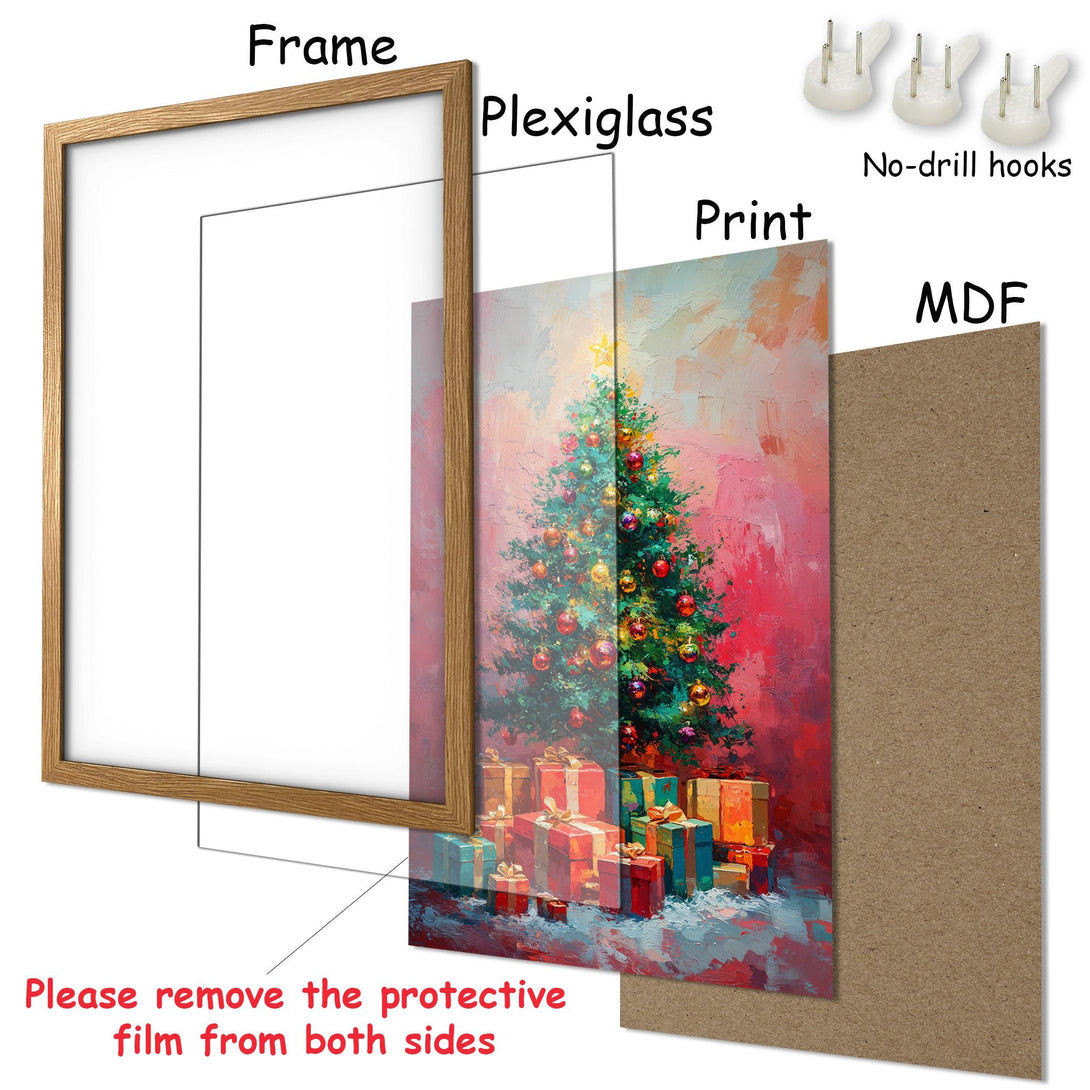 Framed Poster featuring a festive Christmas tree painting with a warm, vibrant color palette. Ready to hang and brighten your home!