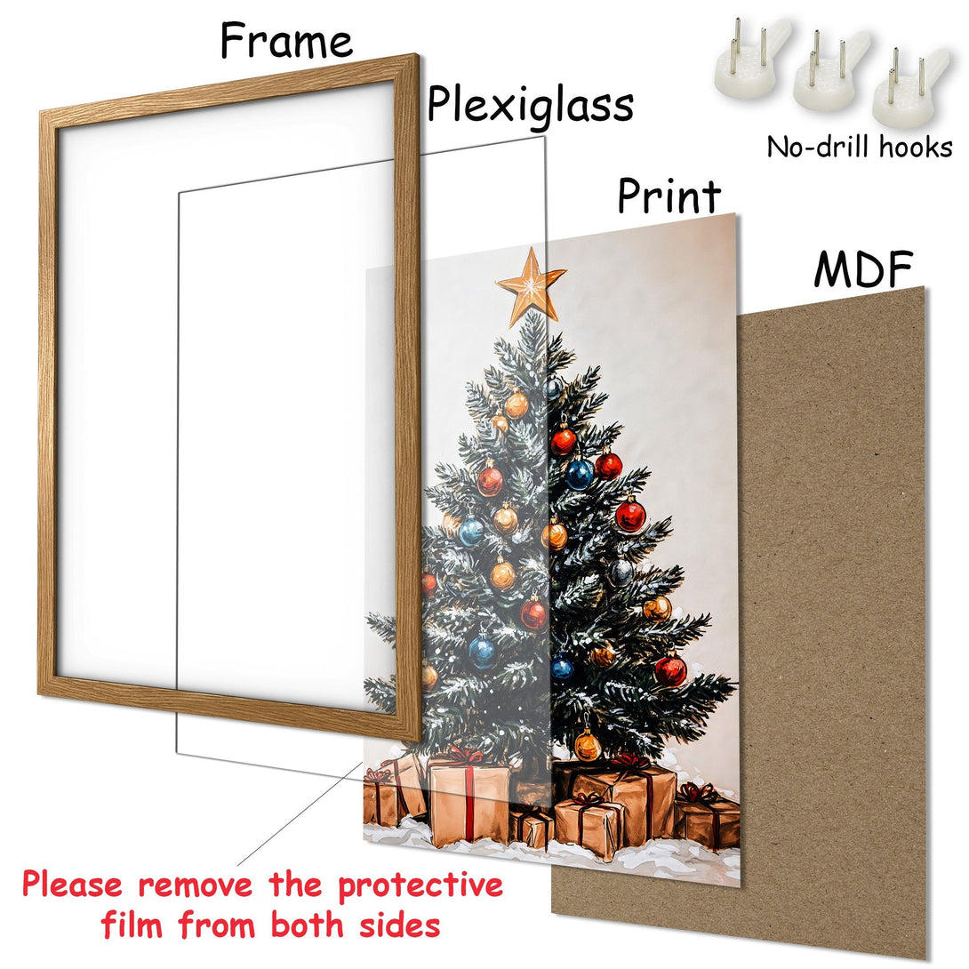 Framed Poster of a Christmas tree with ornaments. Warm, festive colors and a watercolor style. Ready to hang!