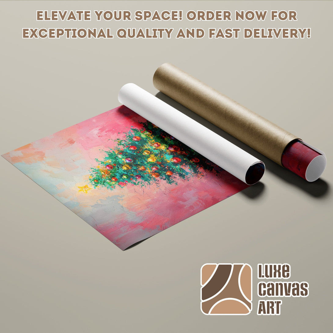 Christmas tree art poster roll in pink, green, and red color palette. Elevate your space!