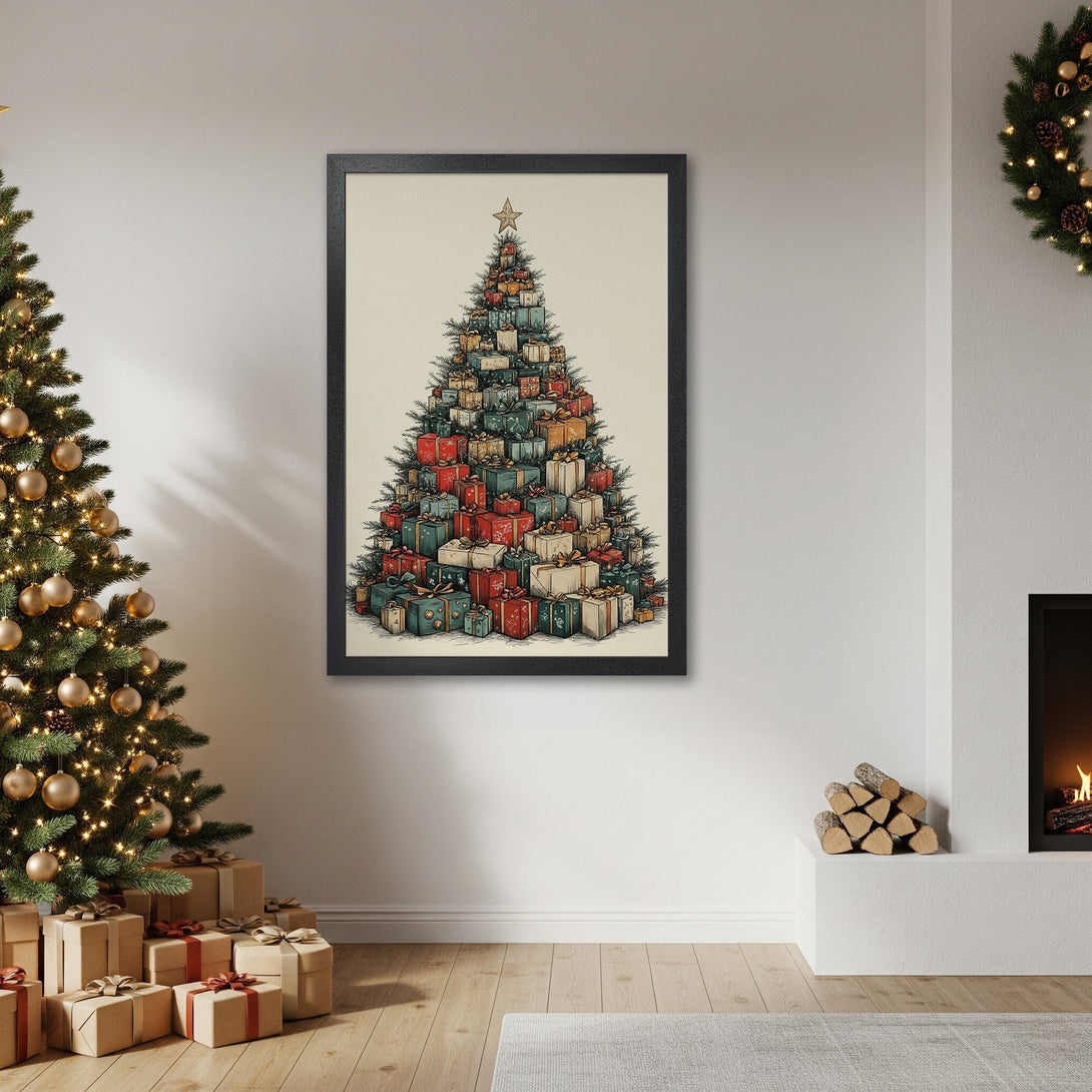 Framed Poster featuring a Christmas tree made of gifts, vintage style with a warm color palette, perfect holiday decor.