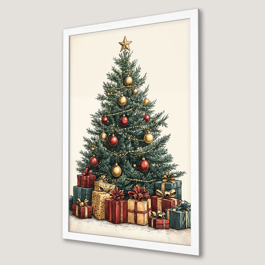 Framed Poster featuring a festive Christmas tree illustration in a vintage style with a warm, neutral color palette.