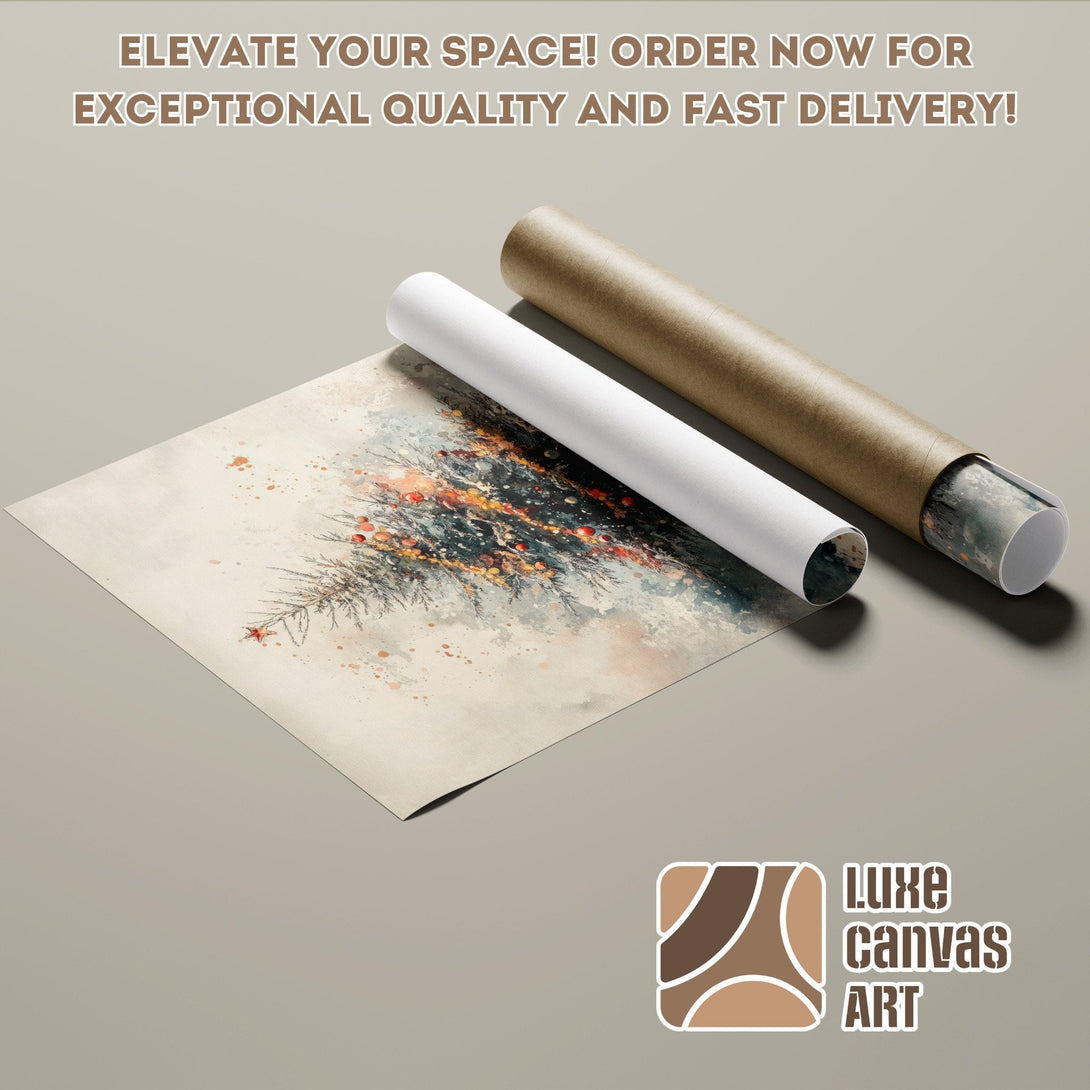 Poster Roll featuring a watercolor Christmas tree art print. Neutral tones and artistic style.