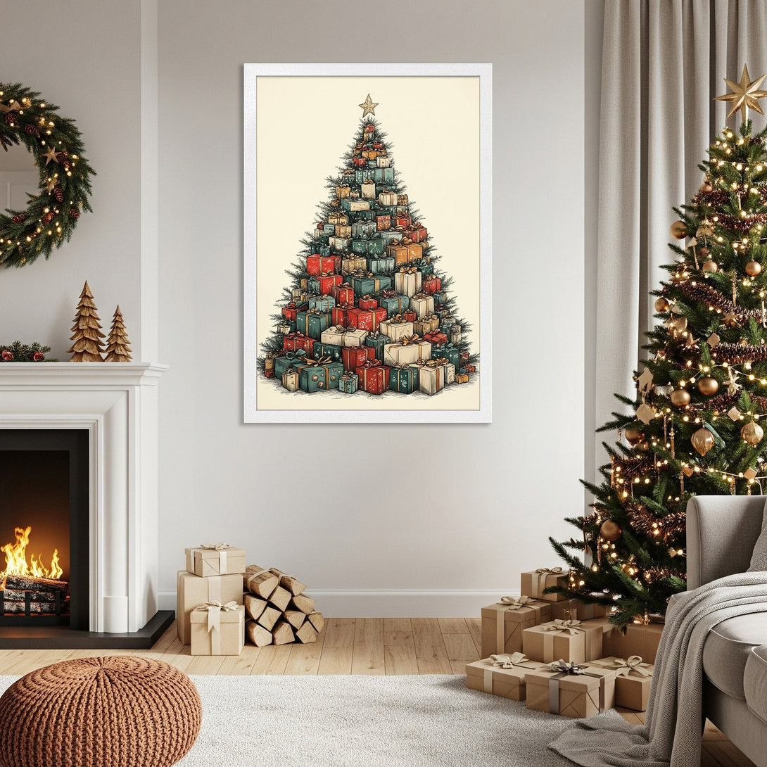 Framed Poster of a Christmas tree made of gifts. Vintage style with a warm, inviting color palette. Perfect holiday decor!