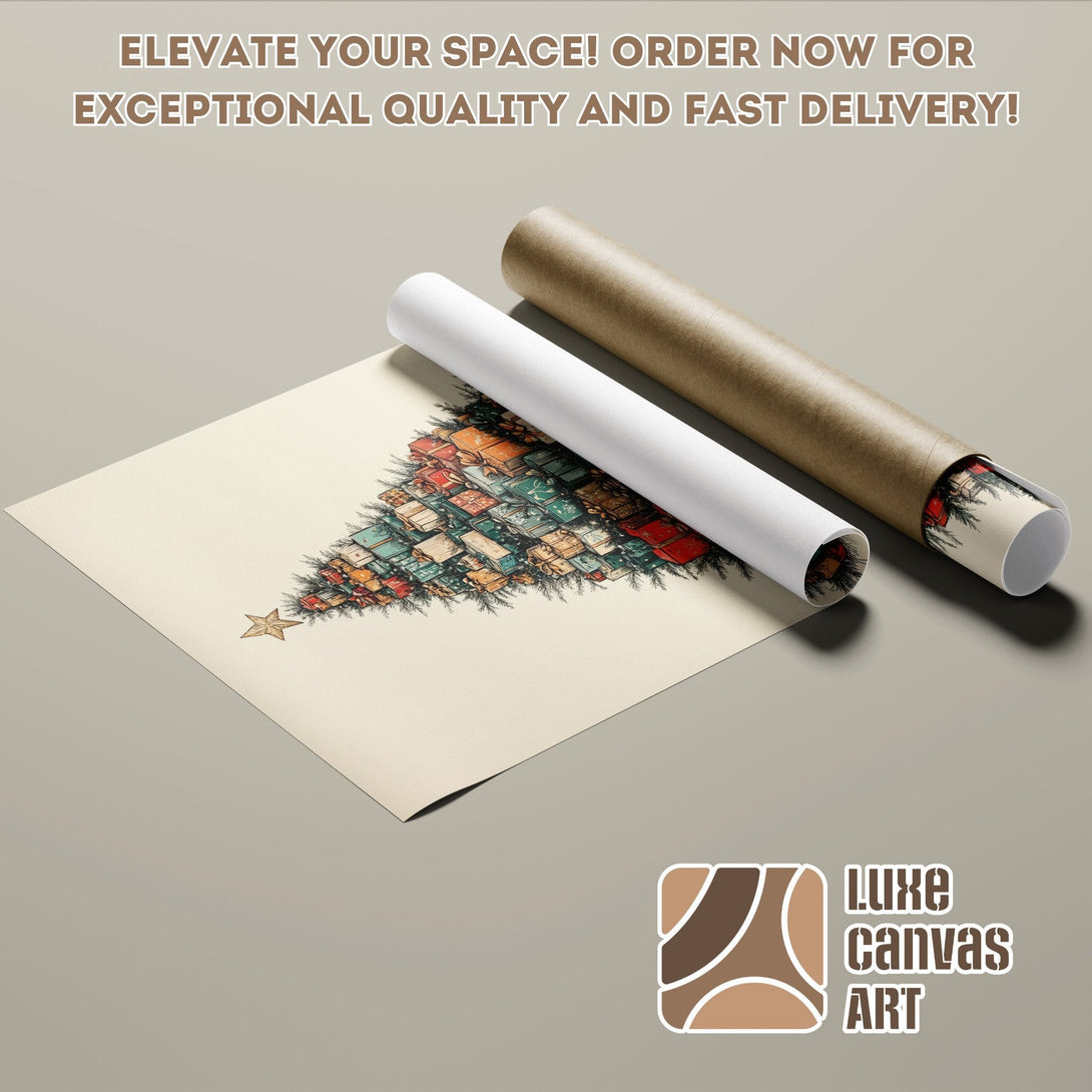 Christmas tree poster roll art, vintage style, warm color palette. Elevate your space with this unique poster!