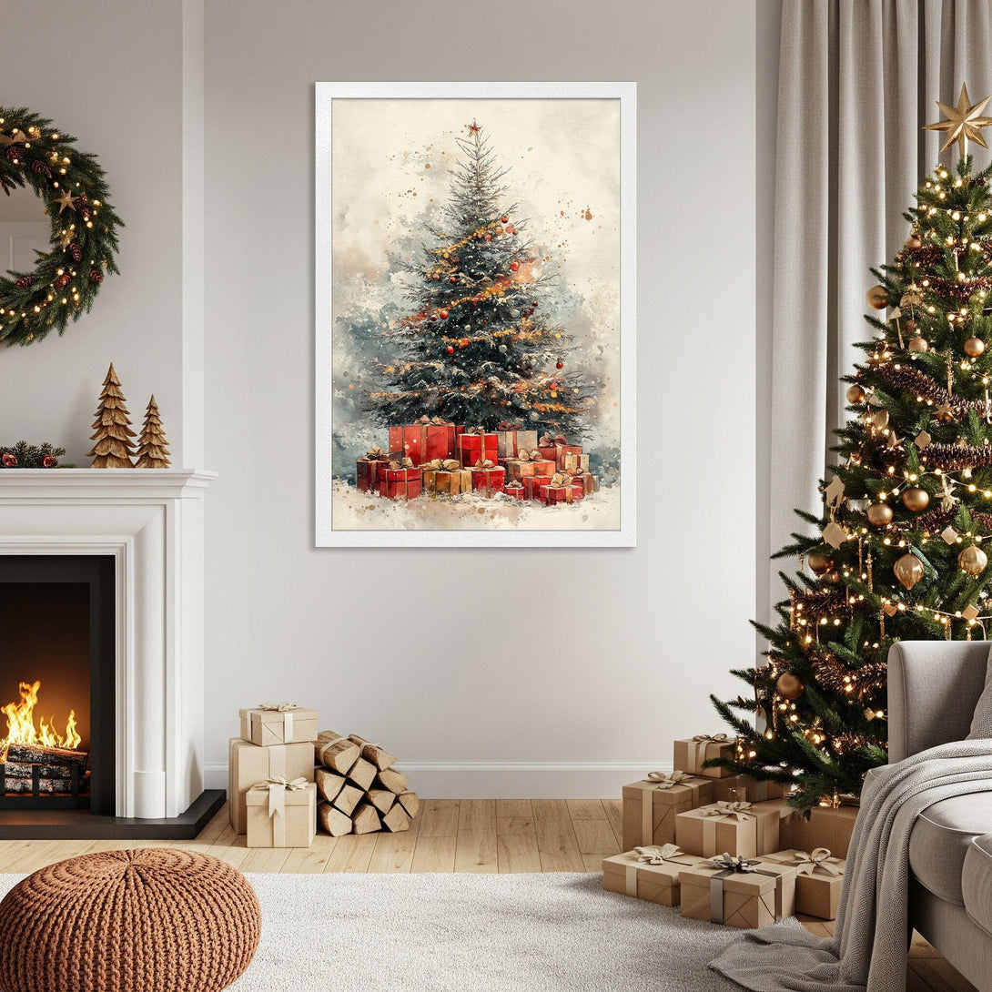 Framed Poster featuring a watercolor Christmas tree with gifts. Soft, warm color palette perfect for holiday decor.
