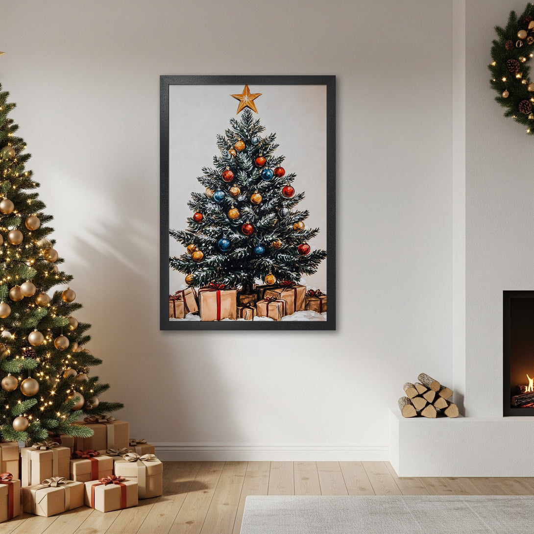 Framed Poster of a Christmas tree with ornaments, a cozy holiday scene with warm colors and a painterly style.