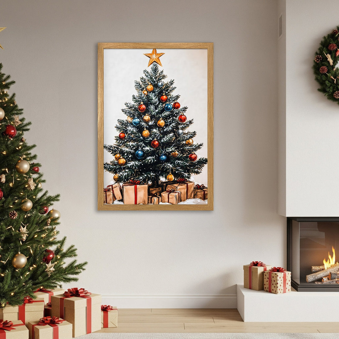 Framed Poster featuring a festive Christmas tree art print. Warm, inviting color palette with a touch of holiday cheer. Perfect for seasonal decor!