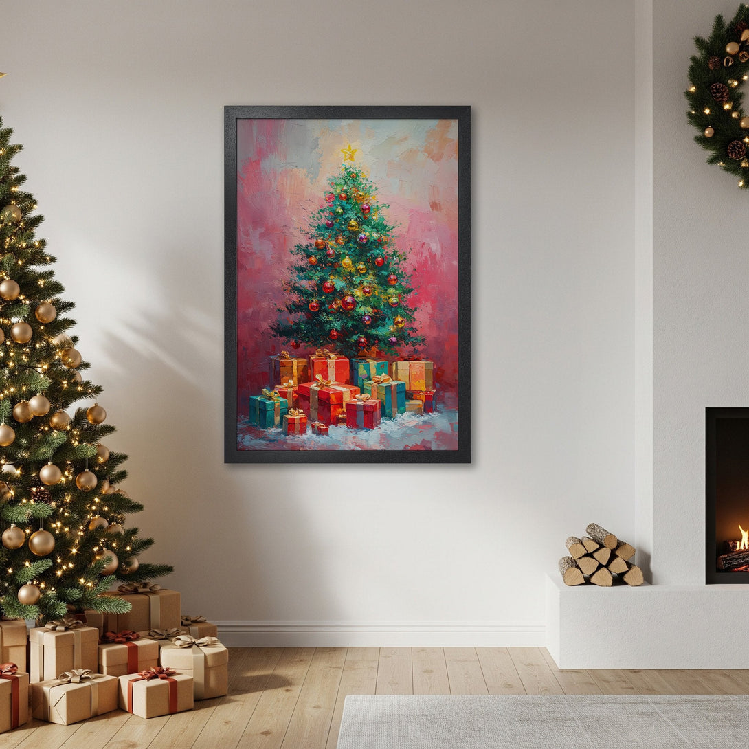 Framed Poster featuring a Christmas tree painting in a warm, vibrant color palette. Perfect holiday decor!