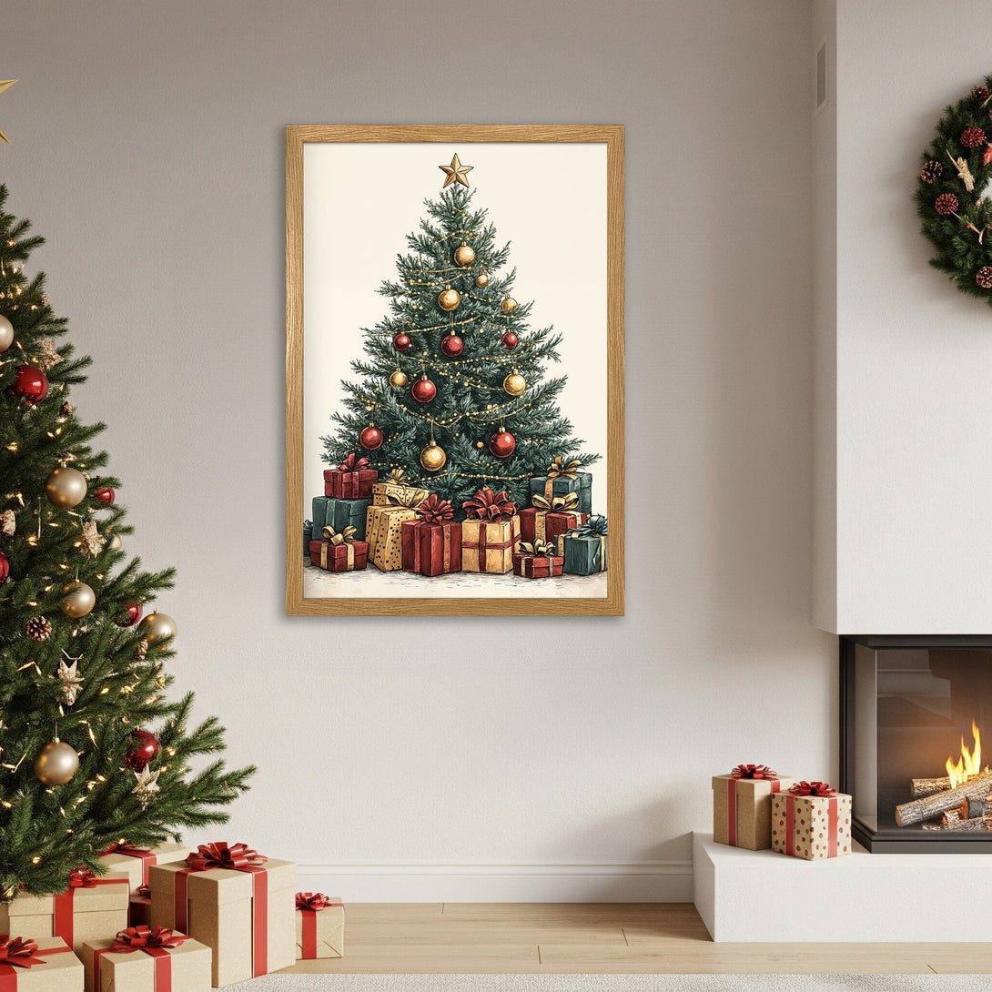 Framed Poster featuring a festive Christmas tree illustration. Warm color palette with green, red, and gold accents. Perfect holiday decor!
