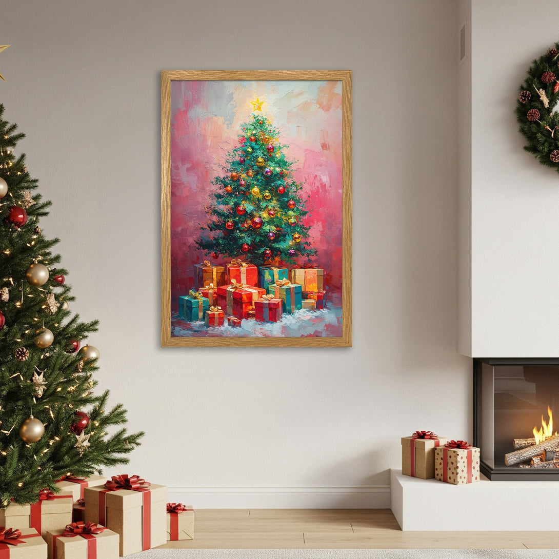 Framed Poster of a Christmas tree with gifts. Impressionistic style, vibrant red, green & gold color palette. Perfect holiday decor!