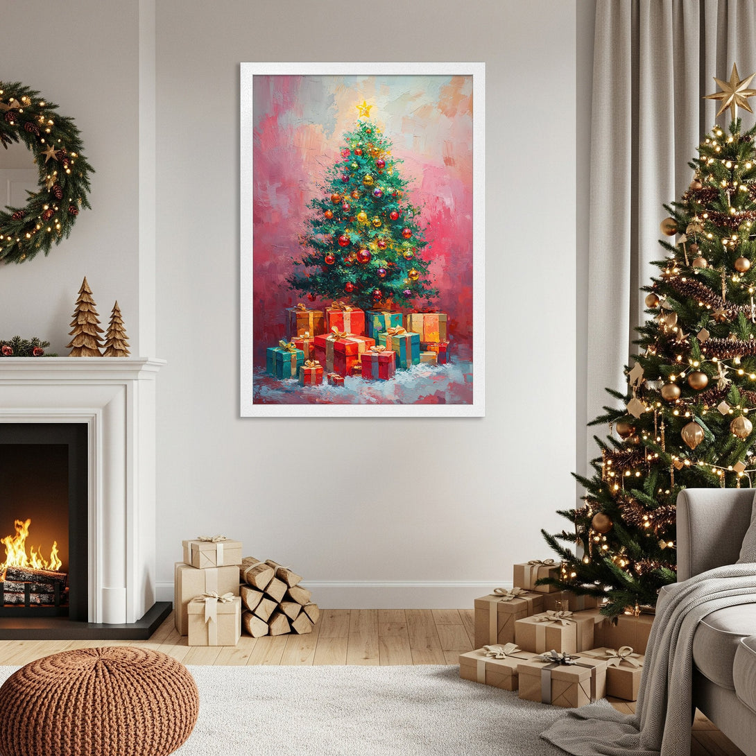 Framed Poster of a Christmas tree painting in a warm, impressionistic style with a red and green color palette. Perfect holiday decor!
