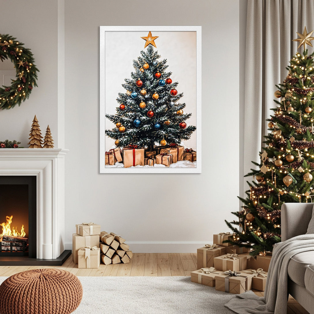 Framed Poster featuring a festive Christmas tree illustration in a warm, inviting color palette. Perfect holiday decor!