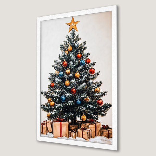 Framed Poster featuring a festive Christmas tree illustration with a warm, watercolor style and a palette of green, red, and gold.