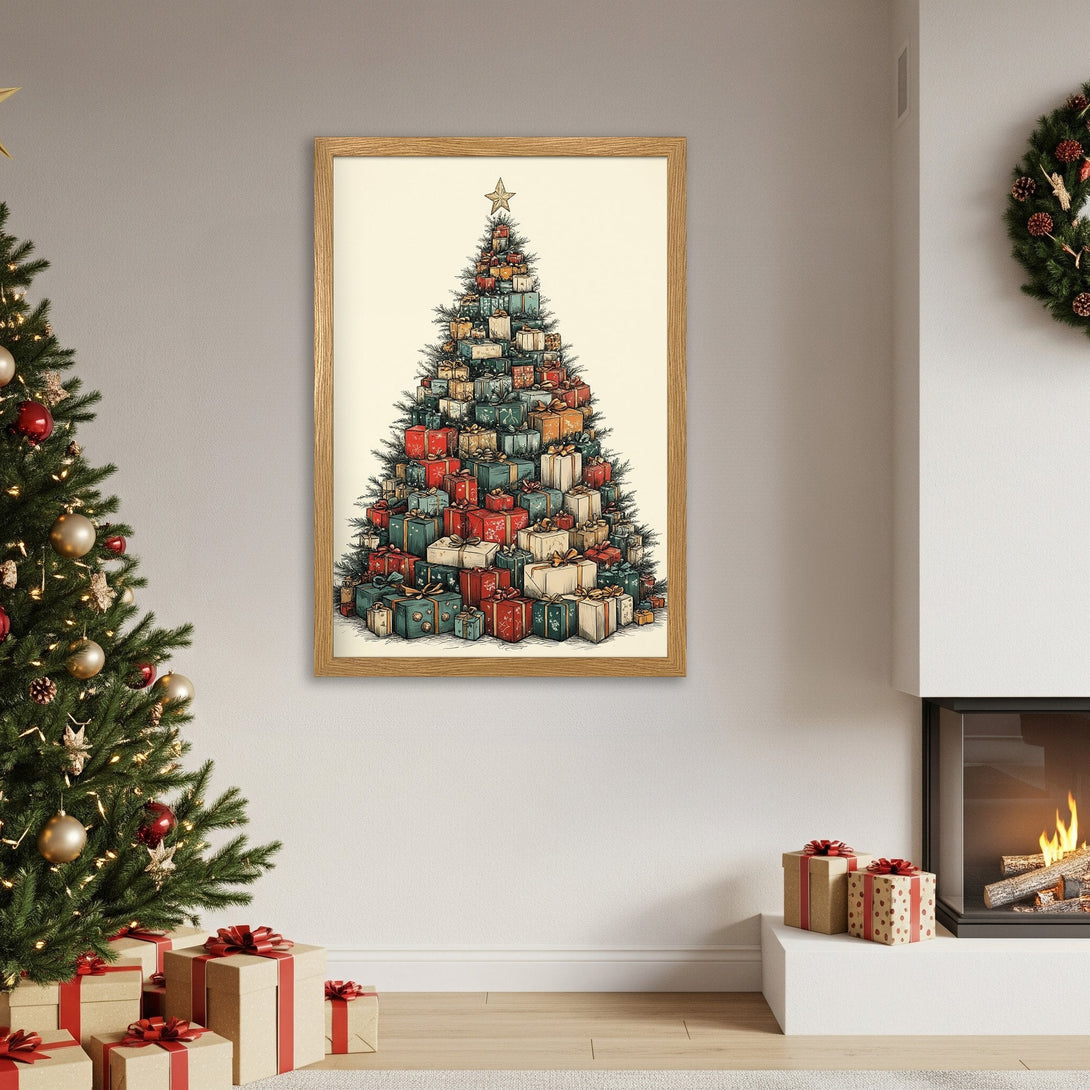 Framed Poster featuring a Christmas tree made of gifts. Vintage style with a warm, festive color palette. Perfect holiday decor!