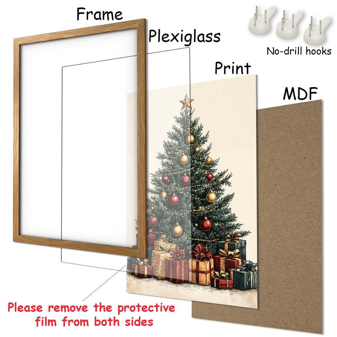Framed Poster featuring a festive Christmas tree illustration, warm color palette, and a wooden frame. Perfect holiday decor!