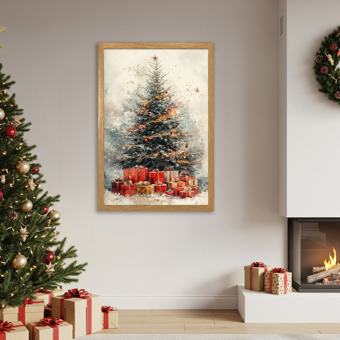 Framed Poster featuring a watercolor Christmas tree with gifts, warm colors, and a cozy style. Perfect holiday decor!