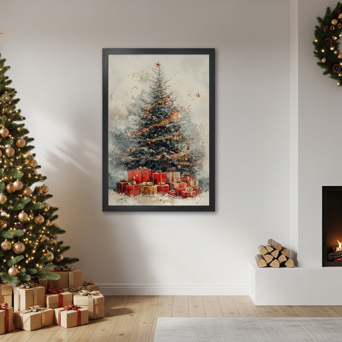 Framed Poster featuring a watercolor Christmas tree with gifts. Warm, festive color palette. Perfect holiday decor!
