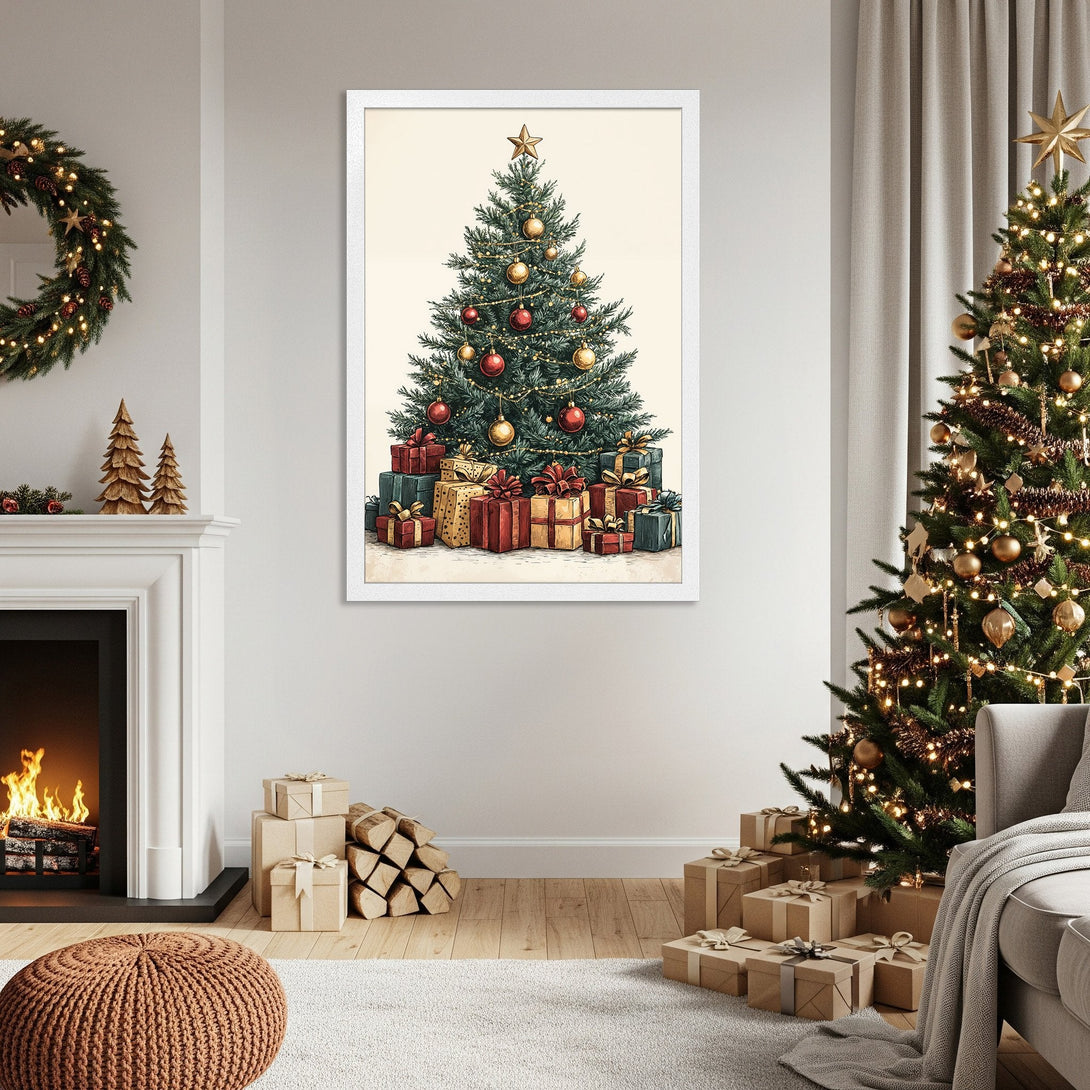 Framed Poster featuring a festive Christmas tree illustration in a warm, inviting color palette. Perfect holiday decor!