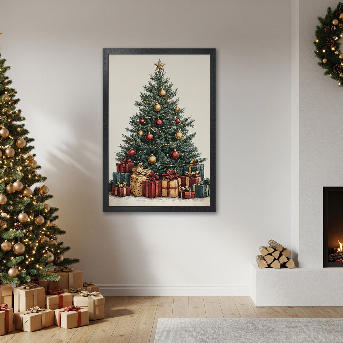 Framed Poster of a Christmas tree with gifts, vintage style, warm color palette. Perfect holiday decor!