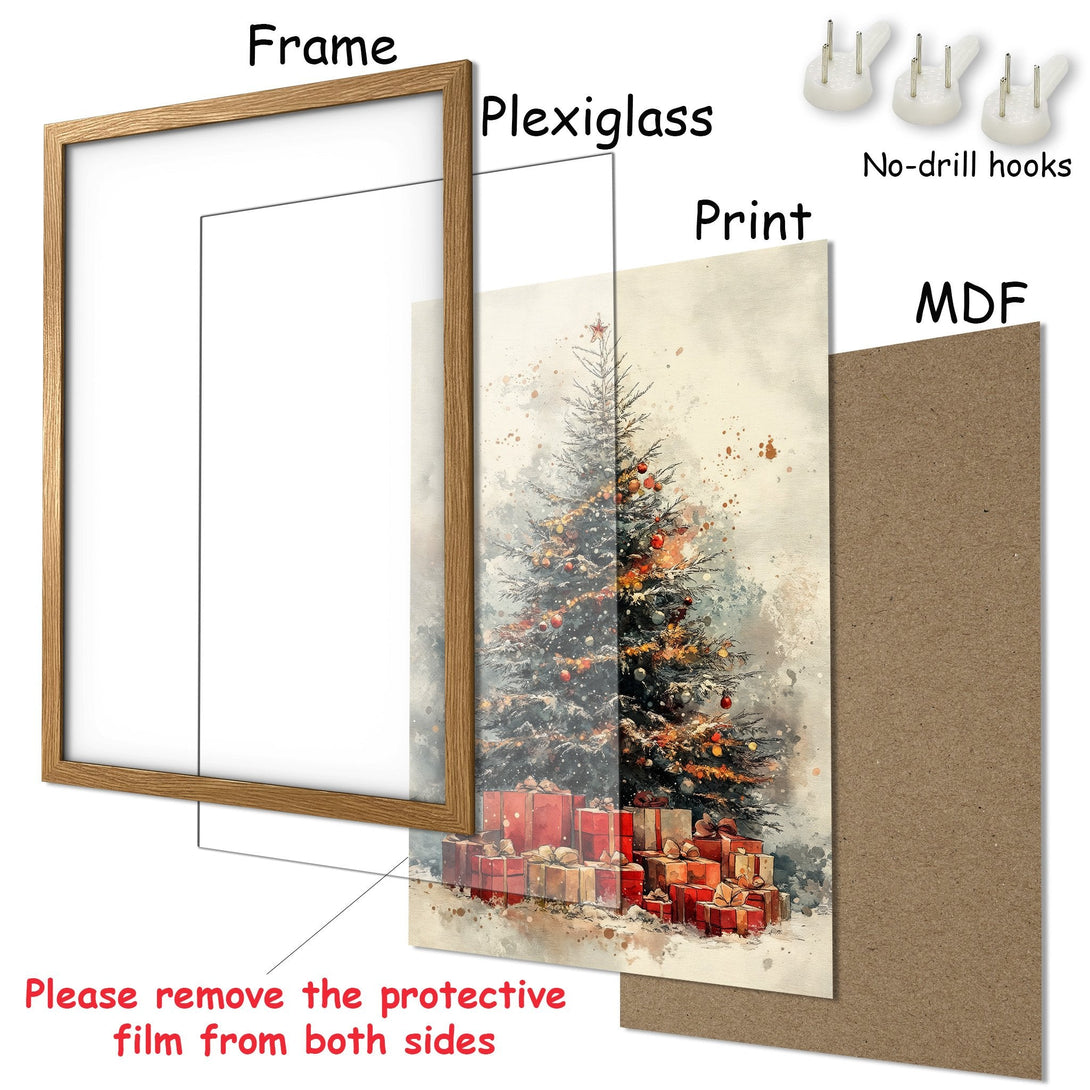 Framed Poster featuring a watercolor Christmas tree and gifts. Warm, festive color palette. Perfect holiday decor!