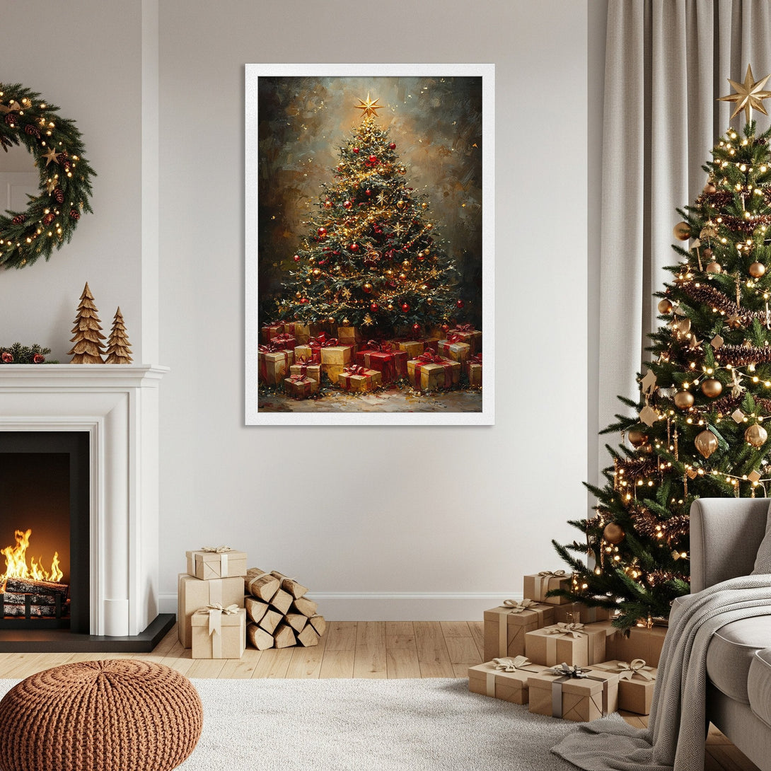 Framed Poster featuring a Christmas tree painting in warm, festive colors. Perfect holiday decor!