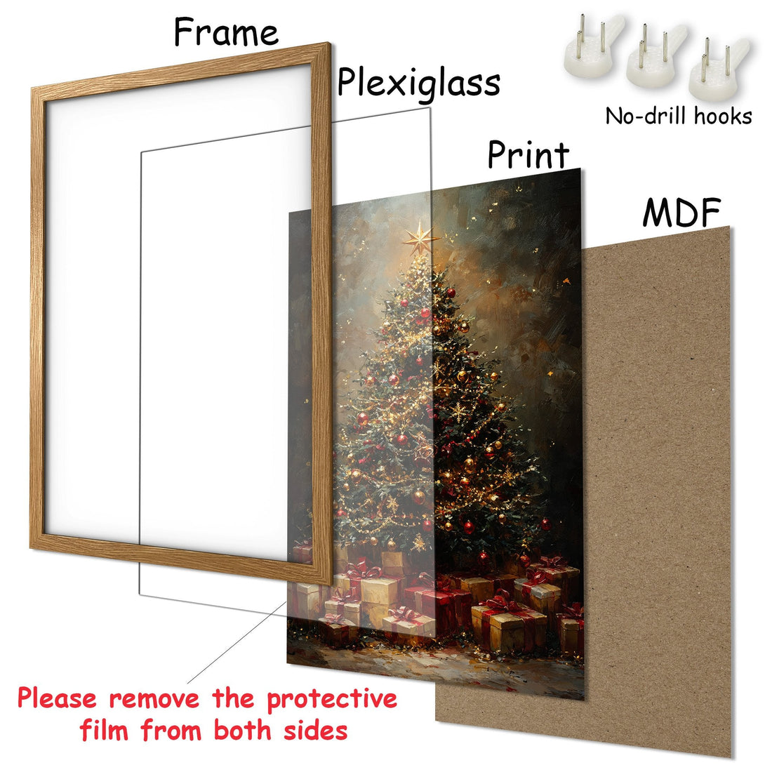 Framed Poster of a Christmas tree in a warm, painterly style with a rich, festive color palette. Perfect holiday decor!