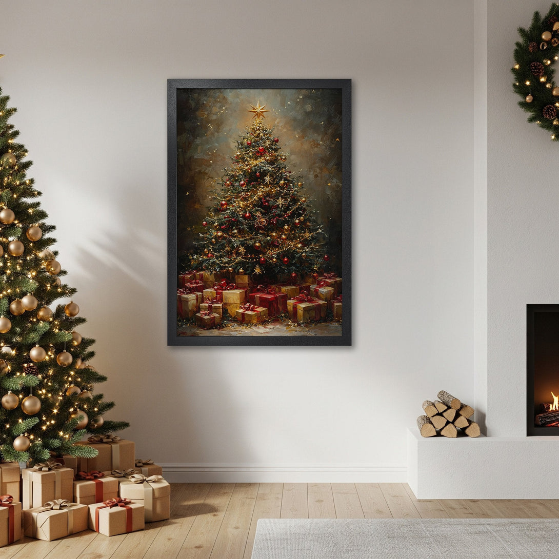 Framed Poster of a Christmas tree with gifts, warm colors, and cozy style, perfect holiday decor.