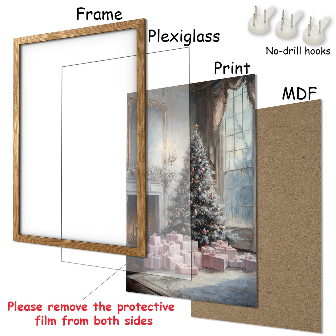Framed Poster featuring a Christmas scene in a soft, pastel color palette. Perfect holiday decor!