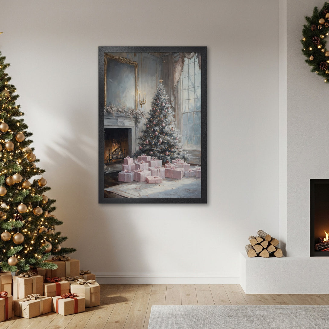 Framed Poster featuring a festive Christmas scene in a soft, painterly style. Pastel pink and neutral color palette, perfect for holiday decor.