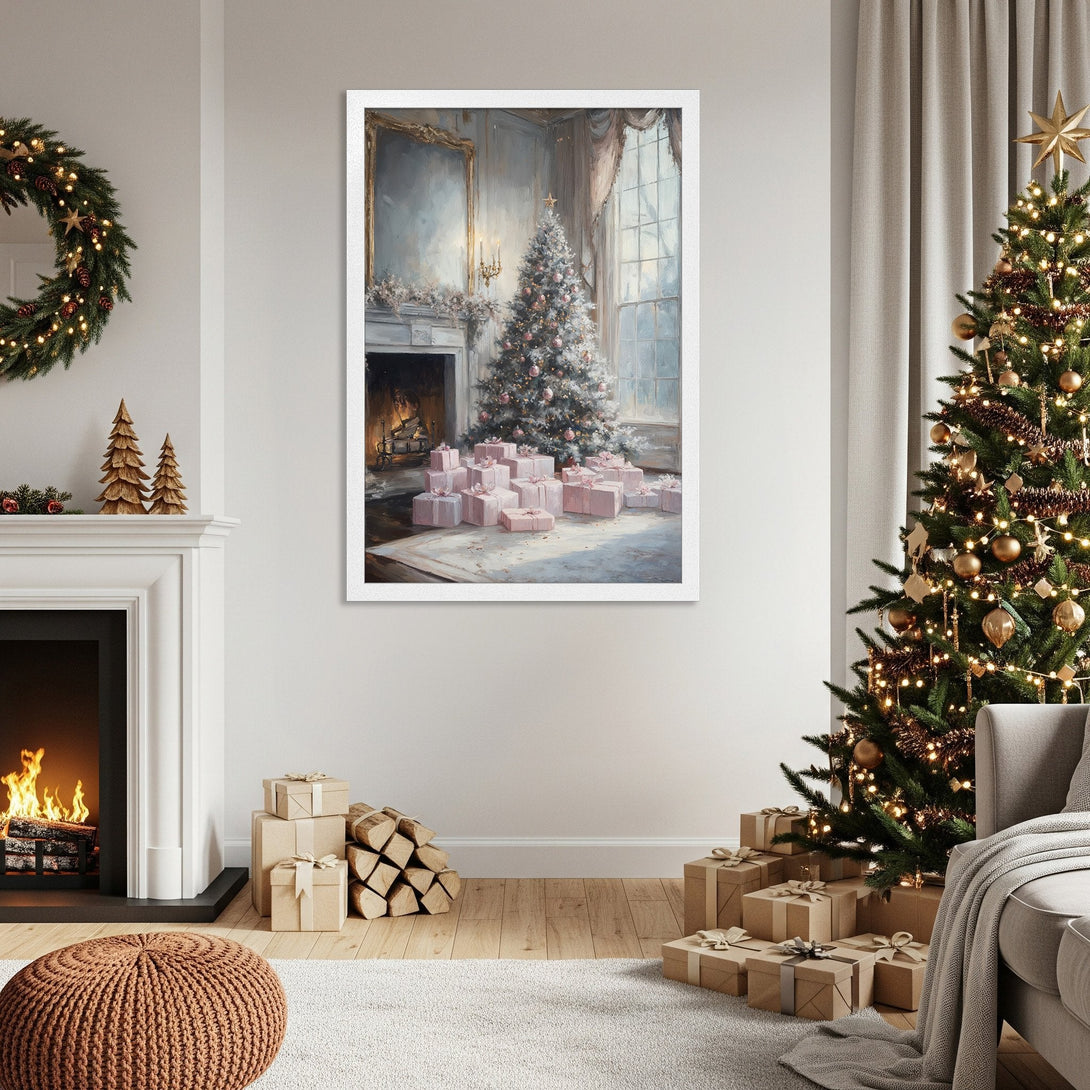 Framed Poster featuring a Christmas tree painting in a soft, painterly style with a pastel color palette. Perfect holiday decor!