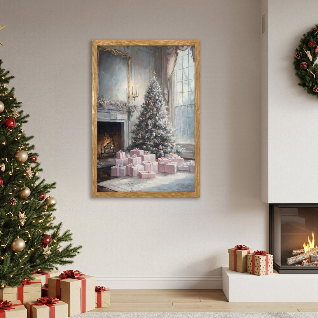 Framed Poster featuring a Christmas scene in soft pastel colors. Perfect holiday decor!