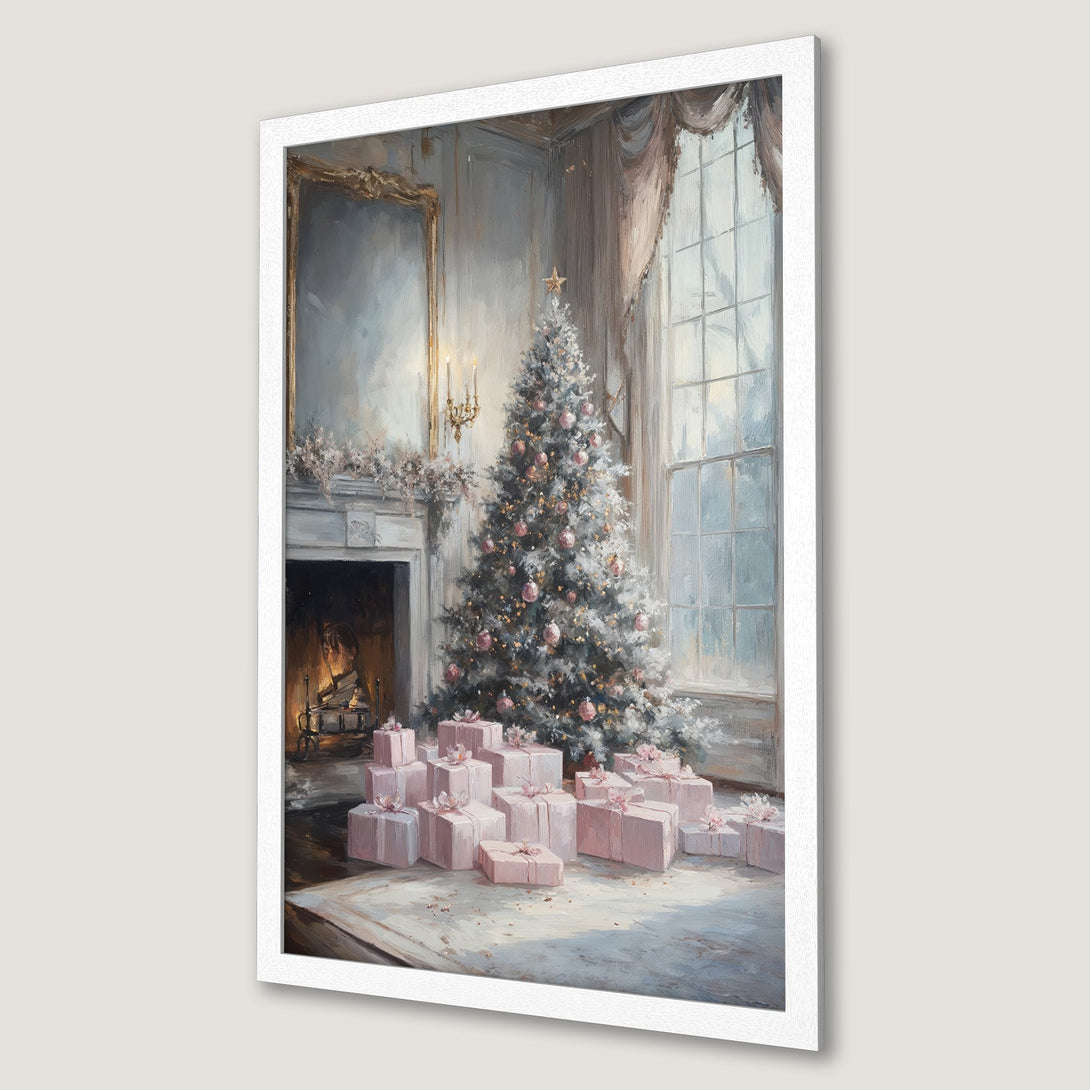 Framed Poster of a Christmas scene with a decorated tree and gifts. Soft, painterly style with a pastel color palette. Perfect holiday decor.